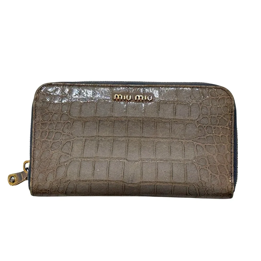 Miu Miu Gray Croc Embossed Leather Zip‎ Wallet Gold Y2K Luxury